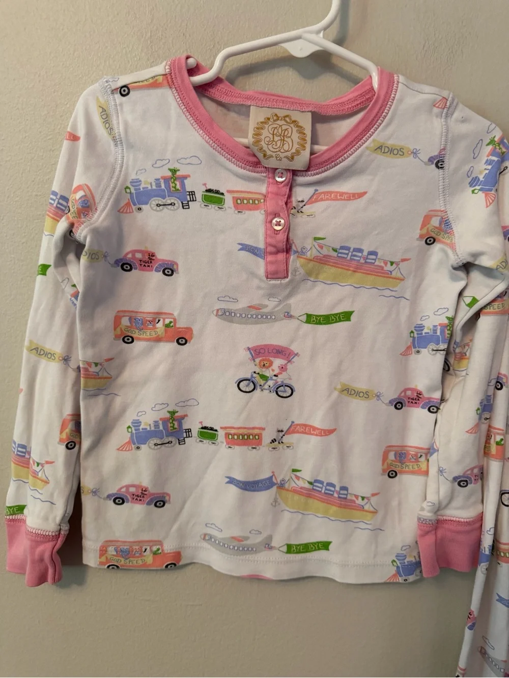 The Beaufort Bonnet Company Pink Trim White Vehicle Print Pajama Set